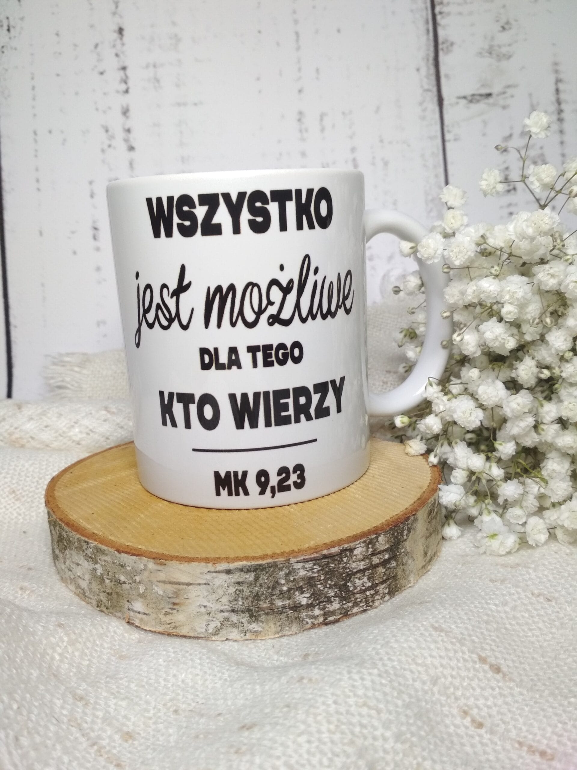 Kubek chrześcijański z cytatem Mk 9,23 "Wszystko jest możliwe dla tego, kto wierzy" – inspirujący gadżet