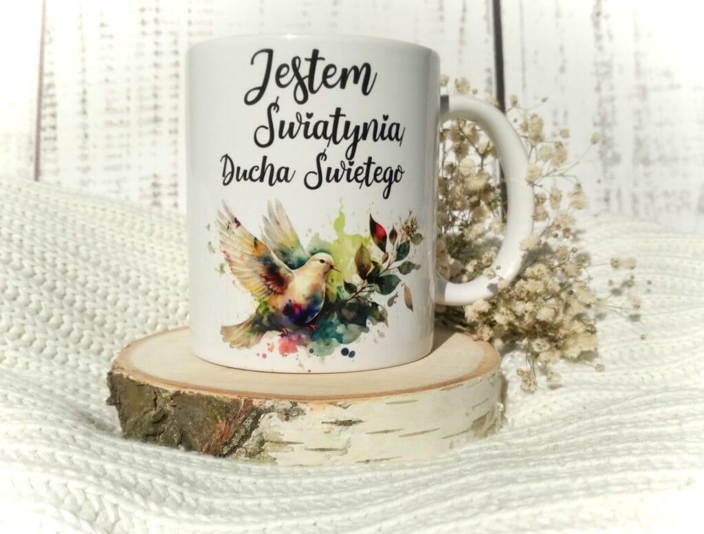 Kubek religijny z cytatem "Jestem Świątynią Ducha Świętego" – 330 ml, na prezent dla katolika
