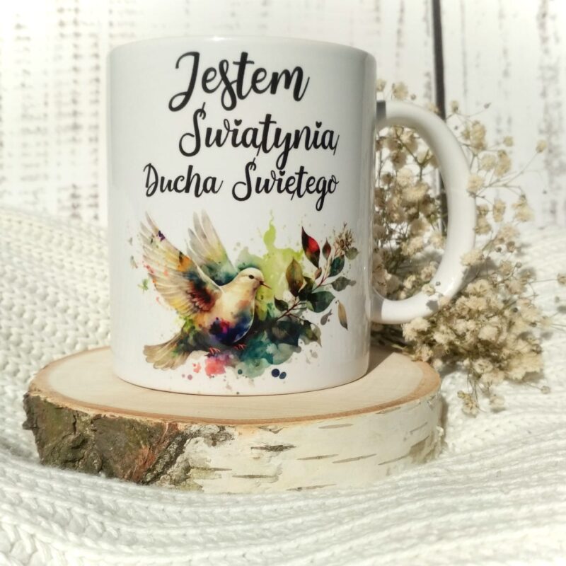 Kubek religijny z cytatem "Jestem Świątynią Ducha Świętego" – 330 ml, na prezent dla katolika