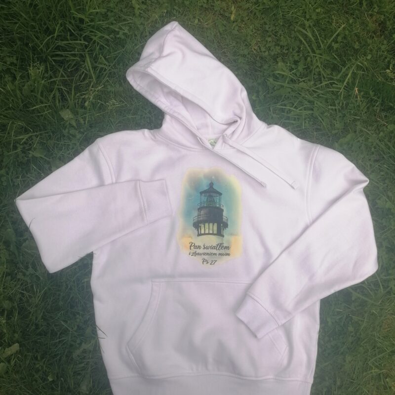 Biała bluza unisex z kapturem „Pan światłem i zbawieniem moim” – Ps 27